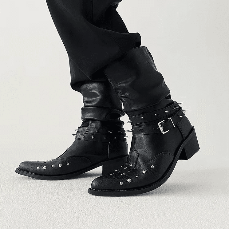 Bottes cowboy homme cuir noir clous et sangles rock (11)