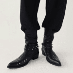 Bottes cowboy homme cuir noir clous et sangles rock (12)