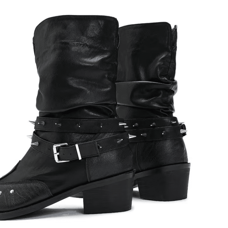 Bottes cowboy homme cuir noir clous et sangles rock (2)