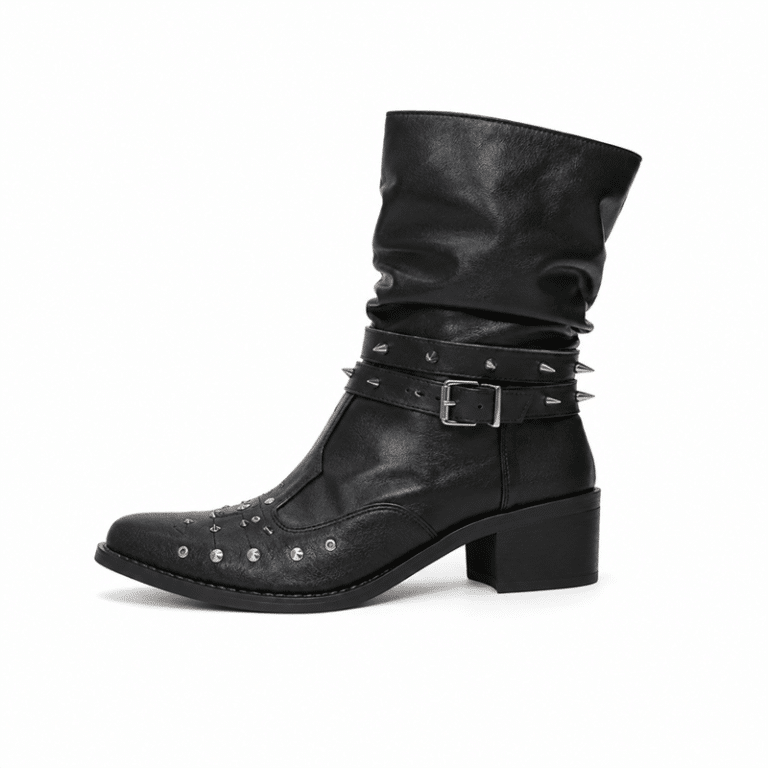 Bottes cowboy homme cuir noir clous et sangles rock (5)