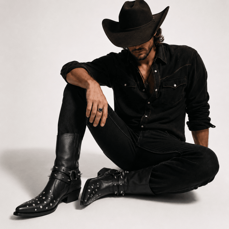 Bottes cowboy homme cuir noir clous et sangles rock (6)