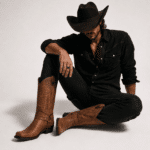 Bottes cowboy homme harnais marron effet cuir boucle métal (1)