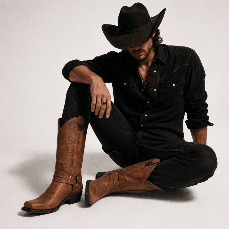 Bottes cowboy homme harnais marron effet cuir boucle métal (1)