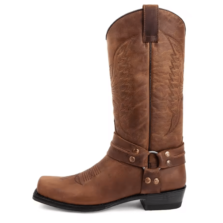 Bottes cowboy homme harnais marron effet cuir boucle métal (2)