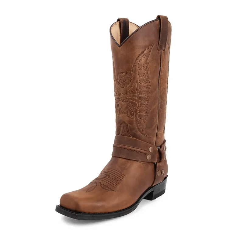 Bottes cowboy homme harnais marron effet cuir boucle métal (3)
