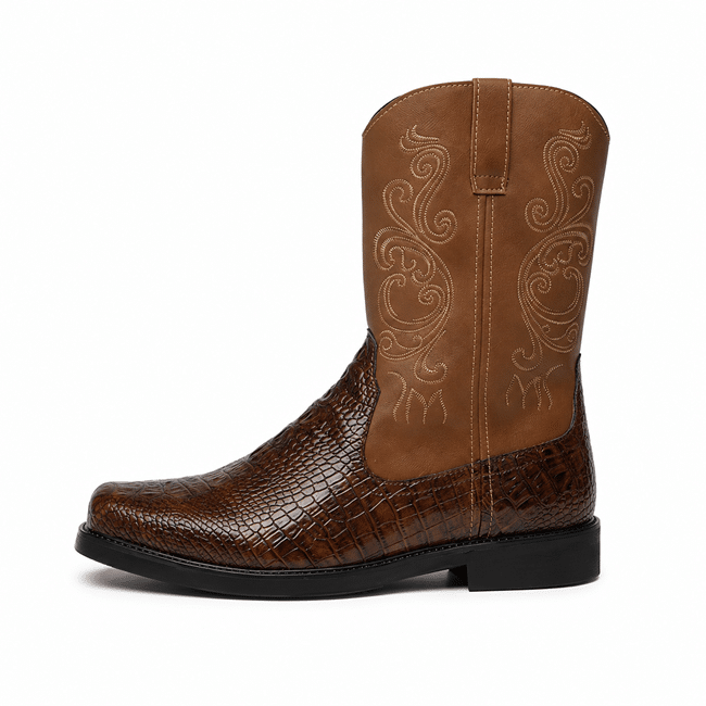 Bottes cowboy homme marron effet crocodile et broderies western (1)