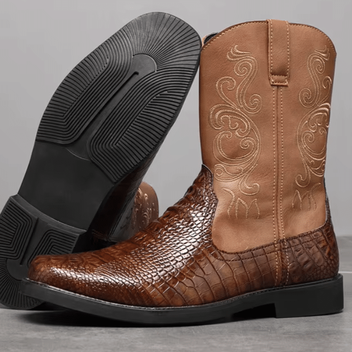 Bottes cowboy homme marron effet crocodile et broderies western (10)
