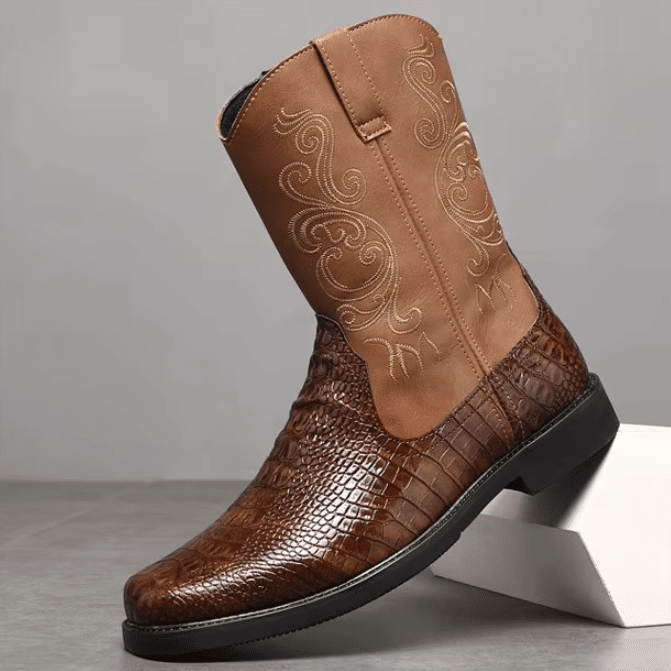 Bottes cowboy homme marron effet crocodile et broderies western (11)