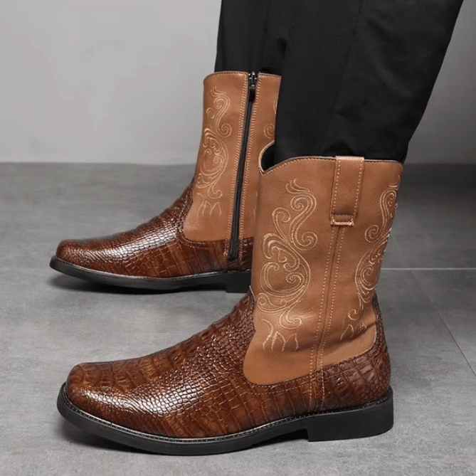 Bottes cowboy homme marron effet crocodile et broderies western (8)
