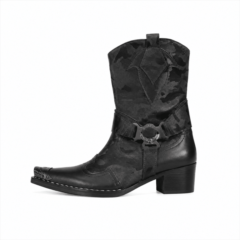 Bottines cowboy homme en cuir véritable noir motif camouflage (1)