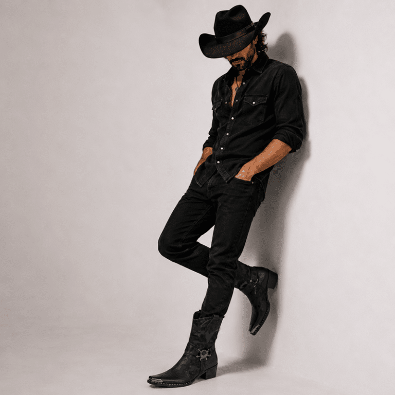 Bottines cowboy homme en cuir véritable noir motif camouflage (2)