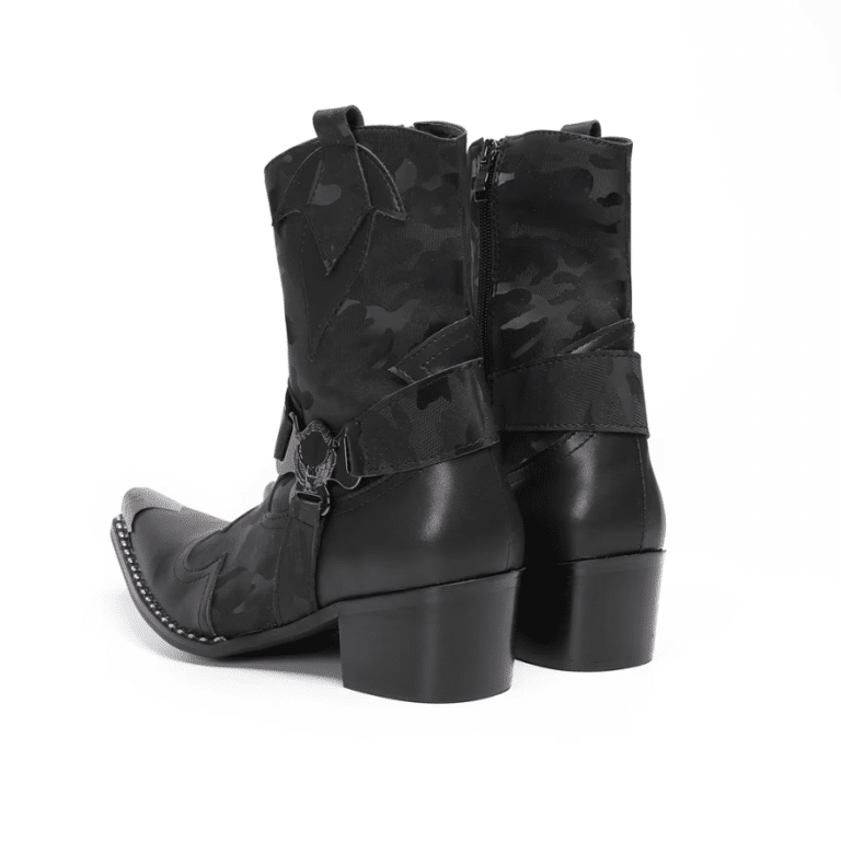 Bottines cowboy homme en cuir véritable noir motif camouflage (3)