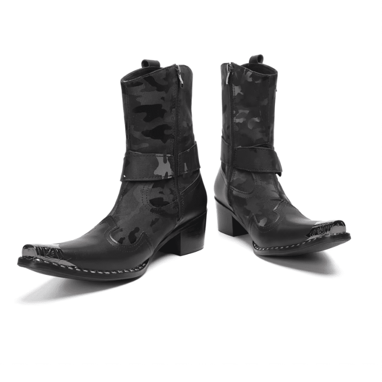 Bottines cowboy homme en cuir véritable noir motif camouflage (6)