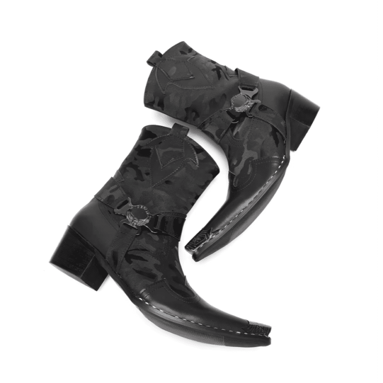 Bottines cowboy homme en cuir véritable noir motif camouflage (7)
