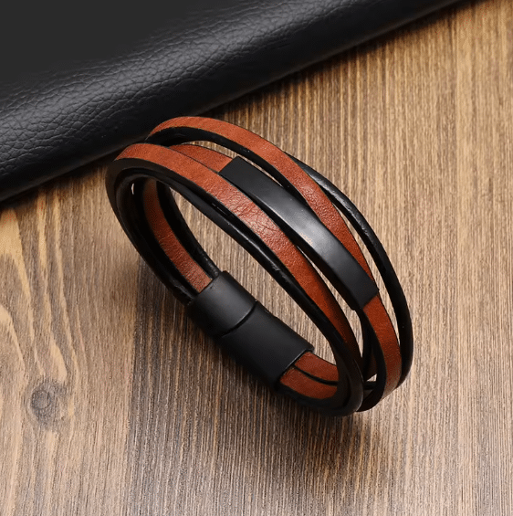 Bracelet cowboy homme multi-rangs cuir marron et noir (2)