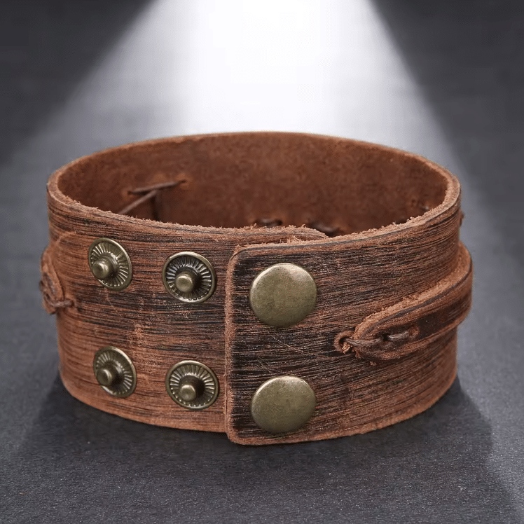 Bracelet manchette large cowboy cuir vieilli style western vintage (3)
