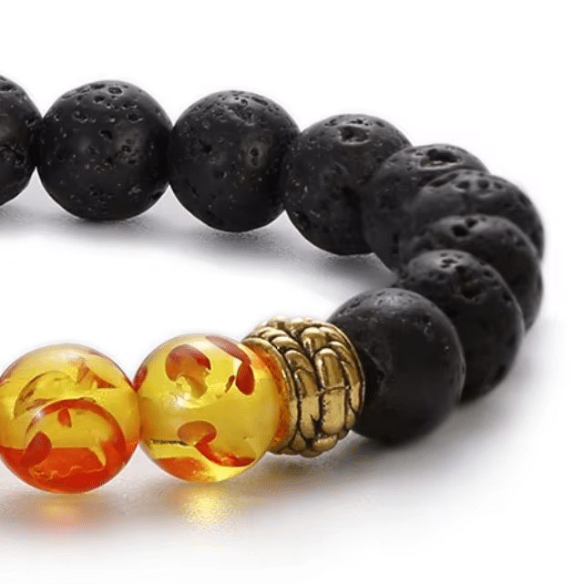 Bracelet western homme en pierre de lave noire et perles ambrées (3)