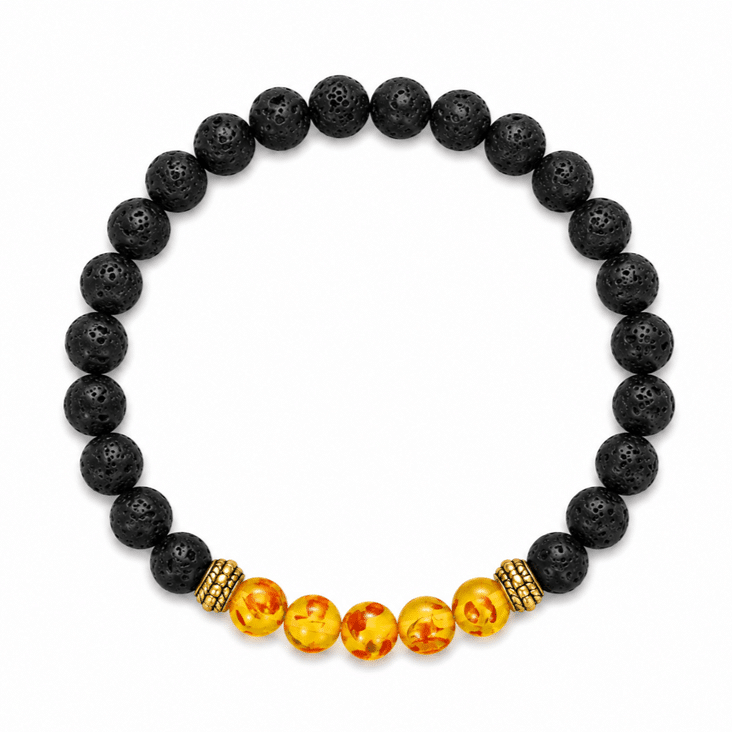 Bracelet western homme en pierre de lave noire et perles ambrées