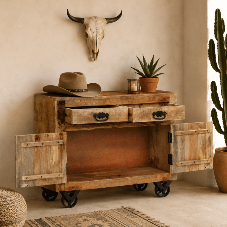 Buffet western bois massif fait main sur roulettes industrielles (8)