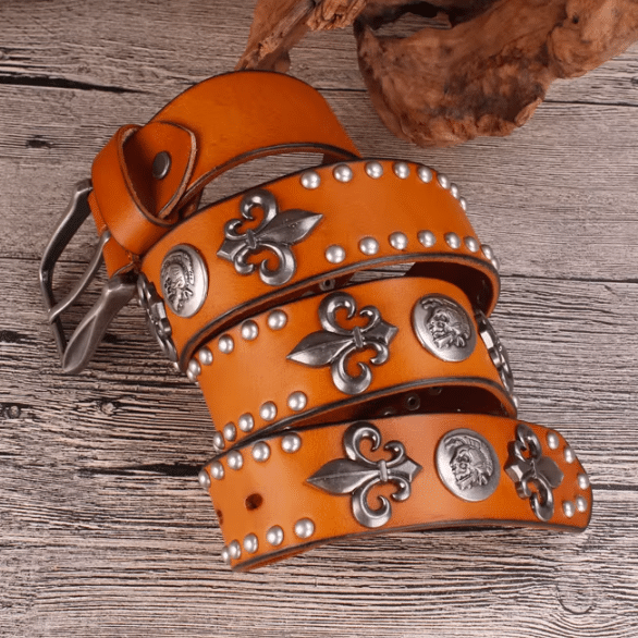 Ceinture Western Cuir à Fleur de Lys et Conchos Vintage (5)