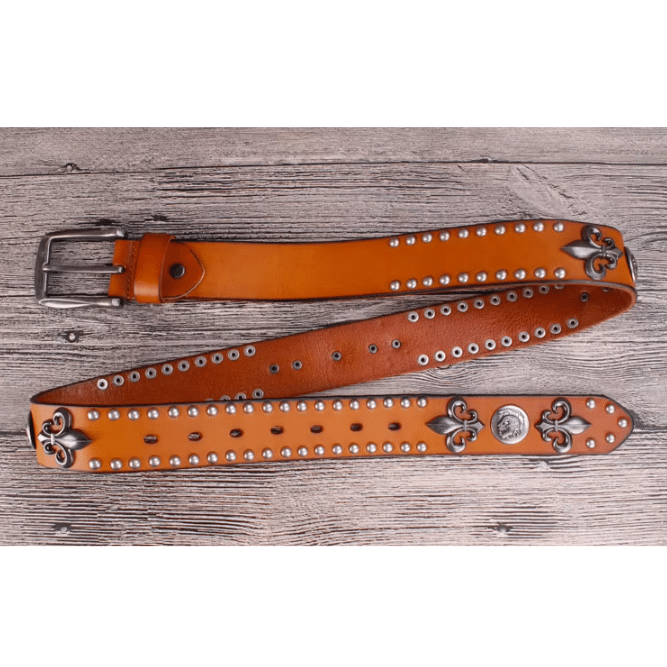 Ceinture Western Cuir à Fleur de Lys et Conchos Vintage (7)