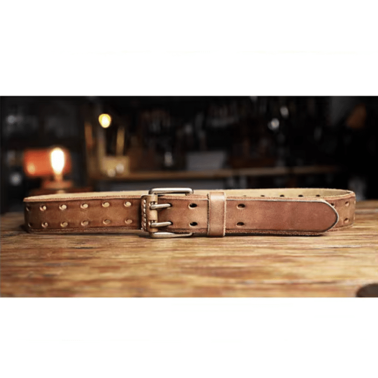 Ceinture country cuir camel perforée boucle double ardillon vintage (4)