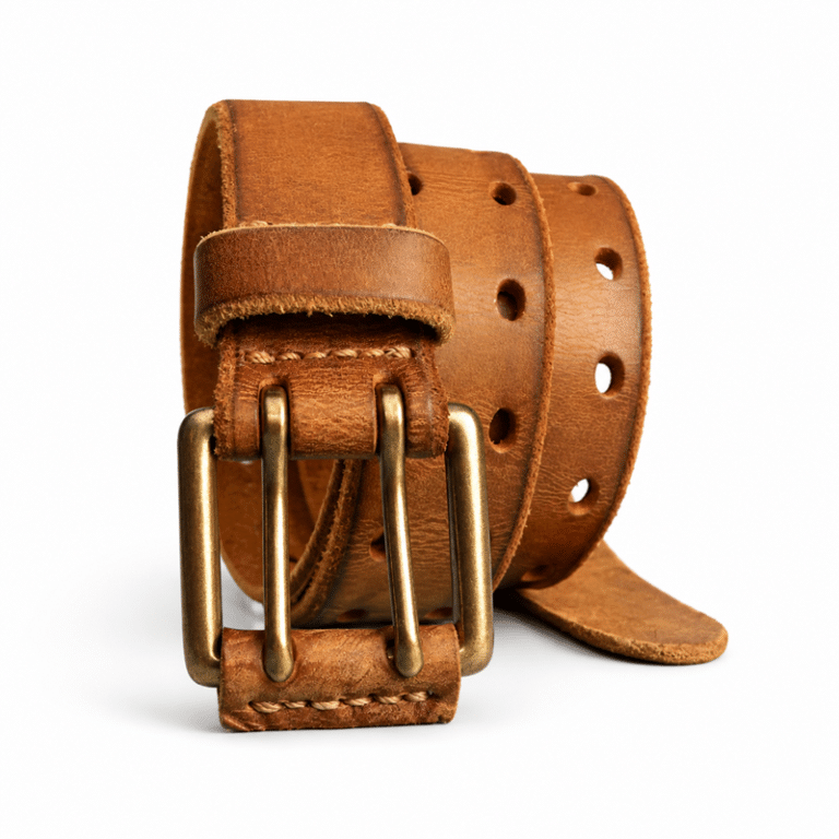 Ceinture country cuir camel perforée boucle double ardillon vintage (6)
