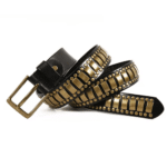 Ceinture country cuir noir plaques laiton western (10)