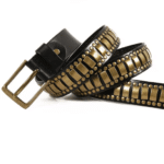 Ceinture country cuir noir plaques laiton western (2)