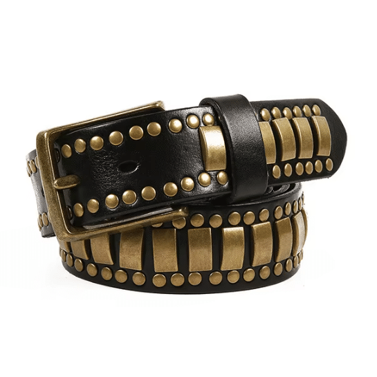 Ceinture country cuir noir plaques laiton western (3)