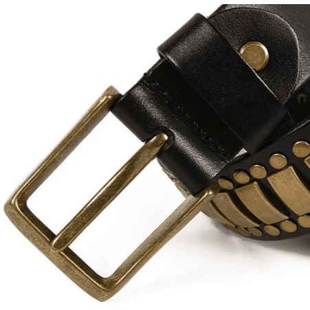 Ceinture country cuir noir plaques laiton western (4)