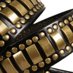 Ceinture country cuir noir plaques laiton western (6)