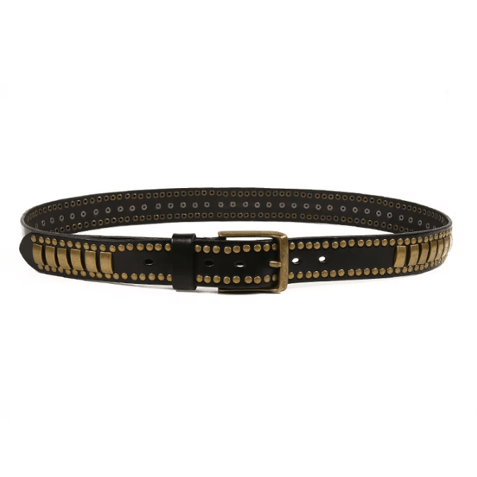 Ceinture country cuir noir plaques laiton western (7)