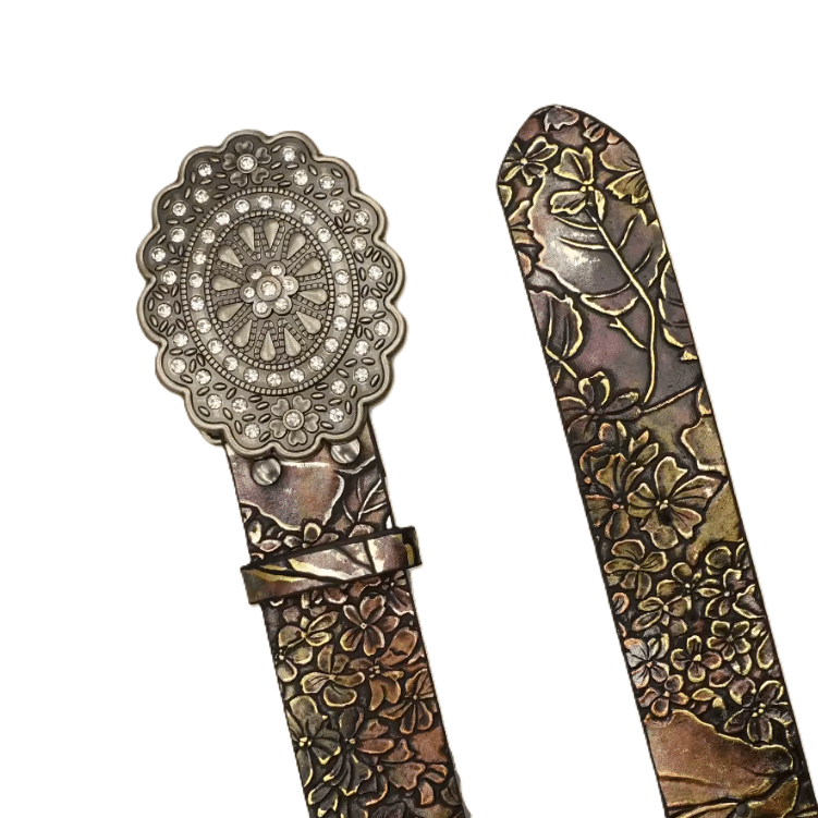 Ceinture cowboy à motifs floraux patinés et boucle rosace (2)