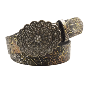 Ceinture cowboy à motifs floraux patinés et boucle rosace