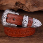 Ceinture cowboy cuir avec boucle western argentée gravée (3)