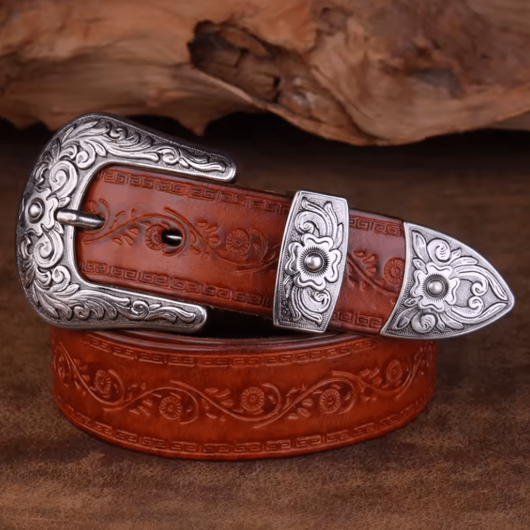 Ceinture cowboy cuir avec boucle western argentée gravée (3)