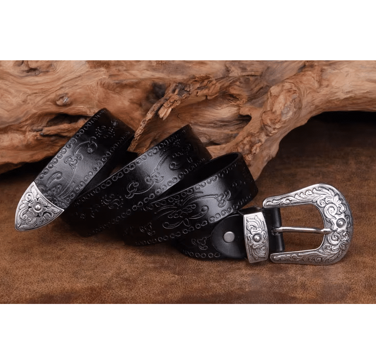 Ceinture cowboy cuir avec boucle western argentée gravée (5)