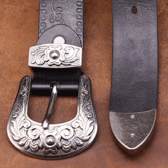 Ceinture cowboy cuir avec boucle western argentée gravée (6)