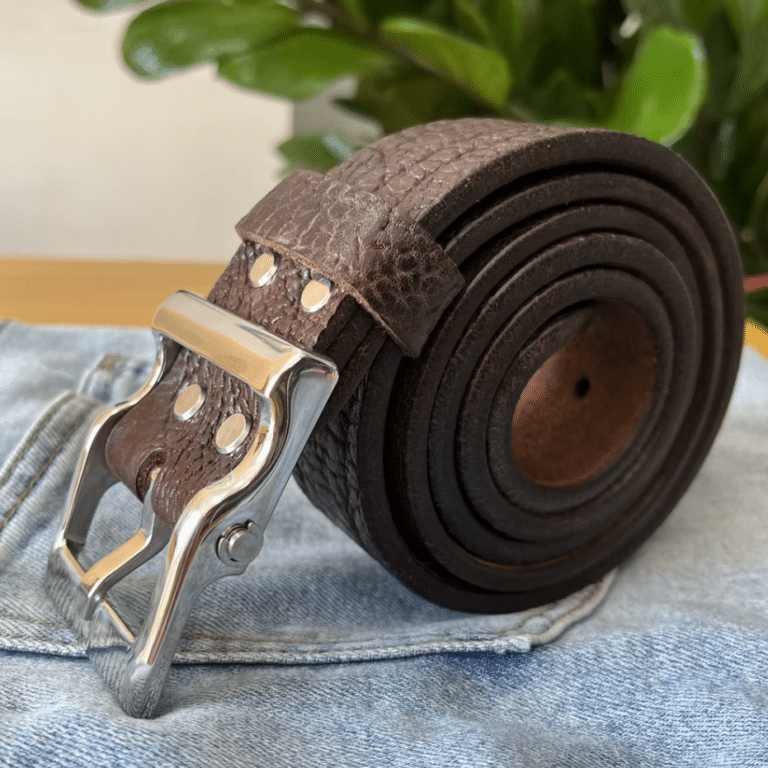 Ceinture cowboy cuir épais marron fait main boucle western argentée (2)