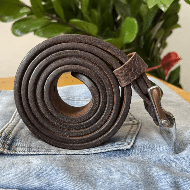 Ceinture cowboy cuir épais marron fait main boucle western argentée (3)
