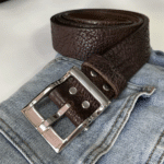 Ceinture cowboy cuir épais marron fait main boucle western argentée (4)