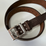 Ceinture cowboy cuir épais marron fait main boucle western argentée (5)