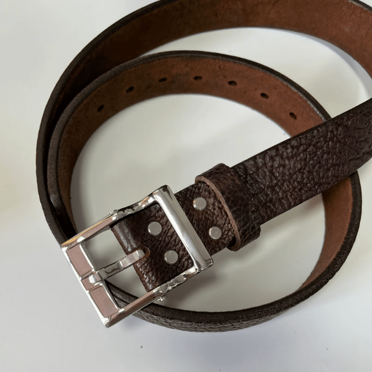 Ceinture cowboy cuir épais marron fait main boucle western argentée (5)