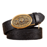 Ceinture cowboy cuir noir embossé boucle dorée motif loups (1)