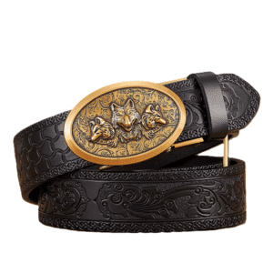 Ceinture cowboy cuir noir embossé boucle dorée motif loups