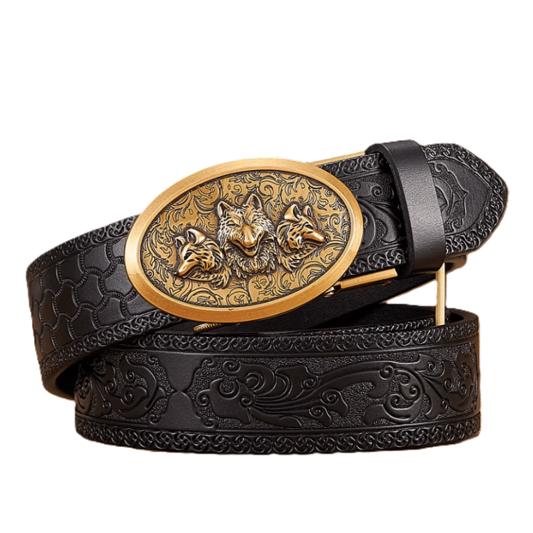 Ceinture cowboy cuir noir embossé boucle dorée motif loups (1)