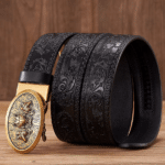 Ceinture cowboy cuir noir embossé boucle dorée motif loups (3)
