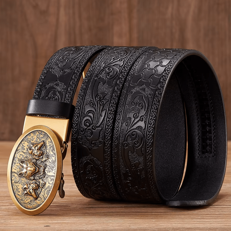 Ceinture cowboy cuir noir embossé boucle dorée motif loups (3)