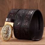 Ceinture cowboy cuir noir embossé boucle dorée motif loups (4)